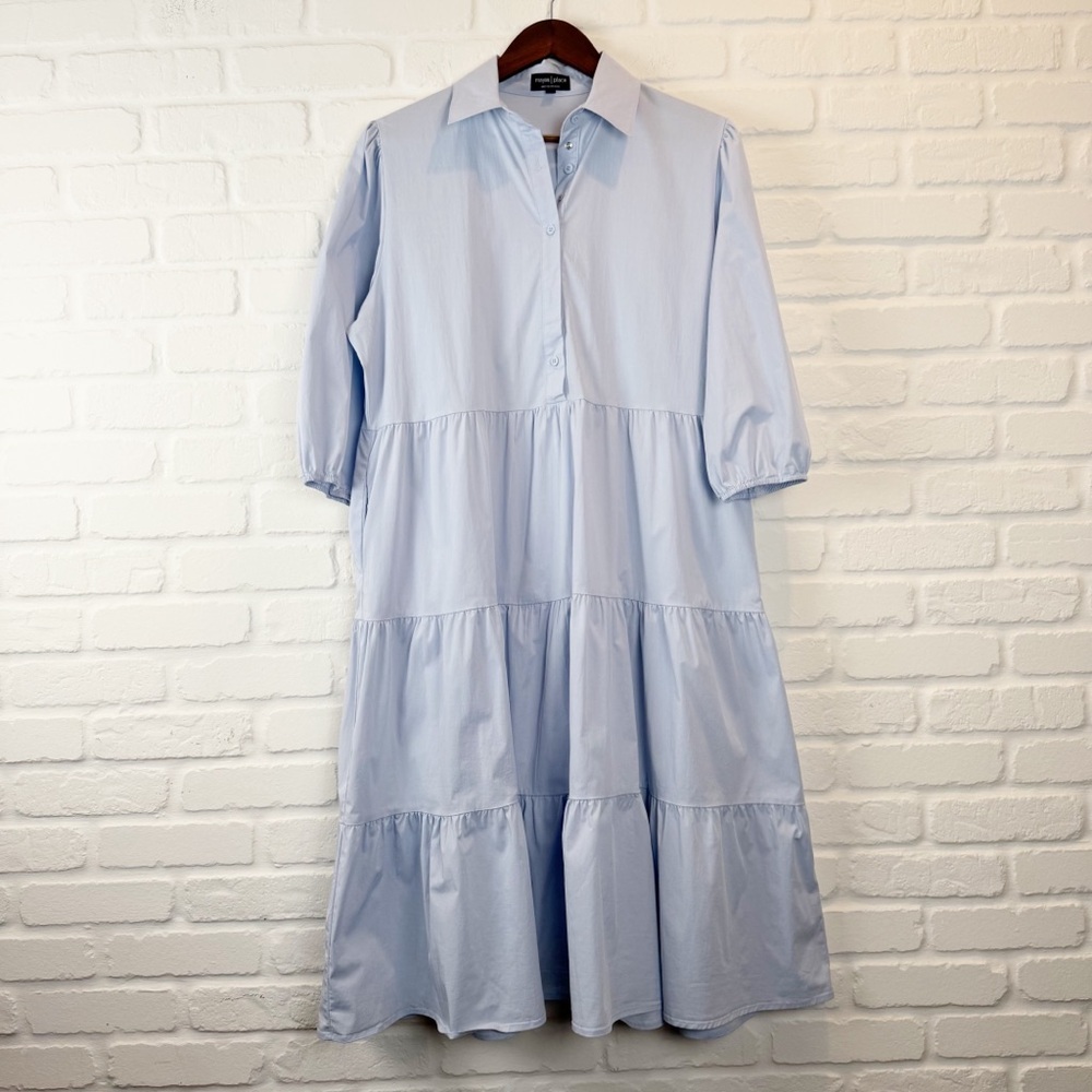 Mayas Place Baby Blue Tiered Shirt Midi Dress Collared Button 3/4 puff sleeve XL